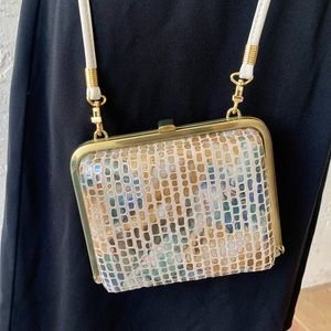 Leather and Gold Tone Frame Clutch Crossbody Purse